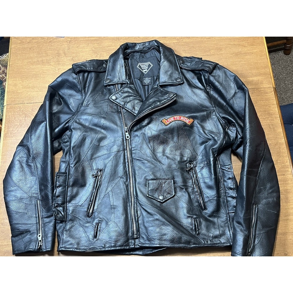 Diamond Plate Buffalo‎ Leather Motorcycle Jacket w/ Harley Davidson Patches XL
